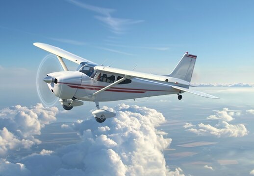 private small engine clouds single flight airplane cloud wheel travel plane flying aeroplane aircraft blue aero commuter wing brown pilot cessna transportation dramatic