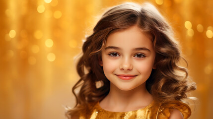 Portrait of a chic cute beautiful smiling baby girl with perfect skin, golden background, banner.