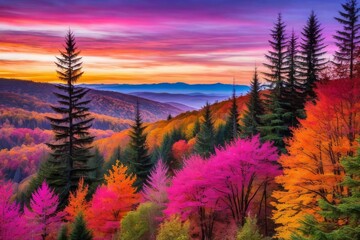Stunning autumn landscape with vibrant pink and purple skies and colorful foliage, creating a serene and picturesque scene.