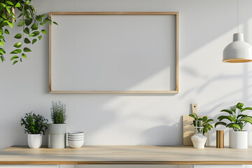 Blank picture frame on a white wall with potted plants, creating a minimalist and serene decor