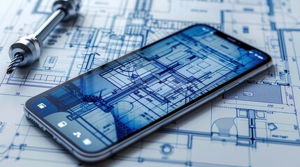 A smartphone displaying a blueprint lies on a table with a screwdriver, showcasing the digitalization of construction planning.
