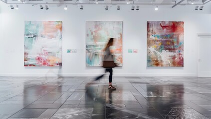 A blurred woman walking in an art gallery