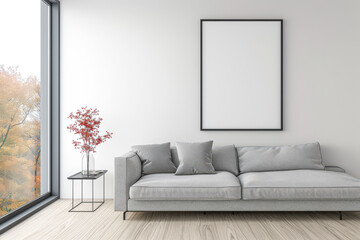 Fototapeta premium Contemporary living room interiors in neutral colors with minimal furniture and framed window. Luxurious residential realty composition.