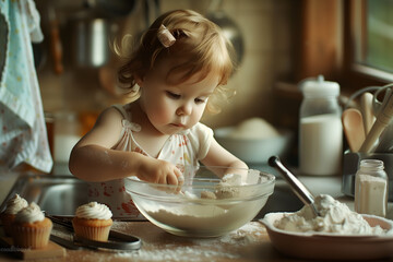 A young girl focused on kneading dough in a kitchen setting, engaging in a baking activity