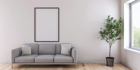 Contemporary living room interiors in neutral colors with minimal furniture and framed window. Luxurious residential realty composition.