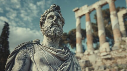 Naklejka premium A weathered marble statue of a Greek hero, standing stoically against the passage of time, surrounded by ancient ruins.
