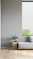 Contemporary living room interiors in neutral colors with minimal furniture and framed window. Luxurious residential realty composition.