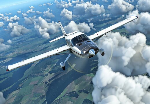 private small engine clouds single flight airplane cloud wheel travel plane flying aeroplane aircraft blue aero commuter wing brown pilot cessna transportation dramatic