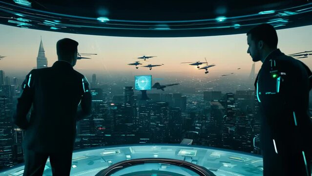 Holographic displays flicker in a high-tech command center. Two silhouetted figures interact with 3D projections, manipulating data. 