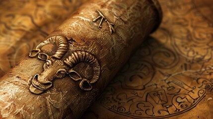 The Capricorn zodiac sign symbol engraved on an ancient scroll with a solid brown background.