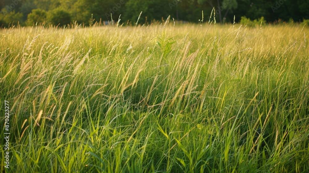 Poster The gentle sway of grass in a summer meadow, kissed by a light breeze, epitomizes the simple beauty of nature.