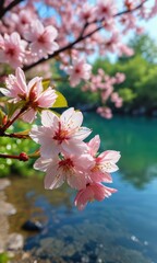 Pink Cherry Blossoms Over Water.