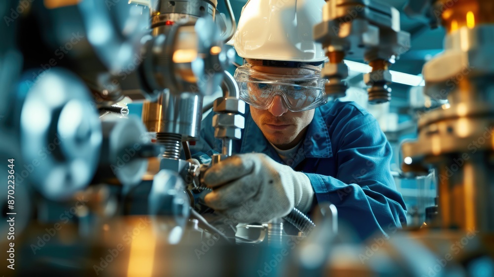 Poster smart engineer checking iron machine in factory while wearing safety helmet. professional industrial