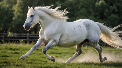 Obraz premium In the expansive green pasture, a magnificent white stallion gallops freely, its mane flowing like a banner of freedom in the wind.
