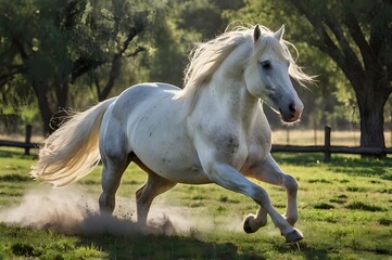 Obraz premium In the expansive green pasture, a magnificent white stallion gallops freely, its mane flowing like a banner of freedom in the wind.