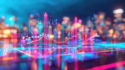 Financial trends, holographic financial graphs, futuristic cityscape, neon blue highlights, digital economy