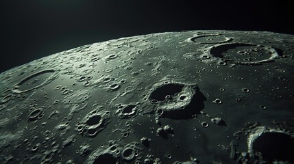 The surface of the moon with detailed craters and a pitch-black sky.
