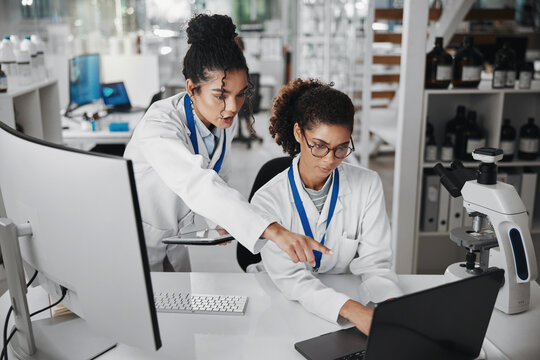 Women, technology and research in laboratory for teamwork, analysis and innovation or experiment. Collaboration, point and science in hospital for support, advice or career in medical or health care