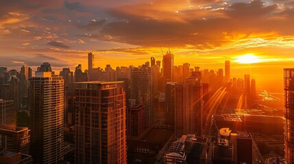 Fototapeta premium The golden hues of sunrise reflecting off skyscrapers in a bustling metropolis create a dramatic and inspiring start to the day.