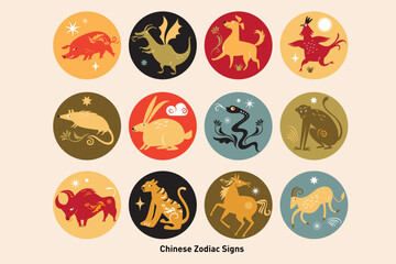 Chinese Zodiac Animals Set,  chinese new year, twelwve symbols of Chinese  horoscope, cute cartoon animals in circle, stickers, label design