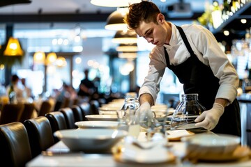 Professional Photography of a busser clearing a table. Show the cleaning process, Generative AI