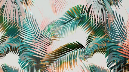   Close-up of a palm tree with pink, green and blue leaves against a light blue sky
