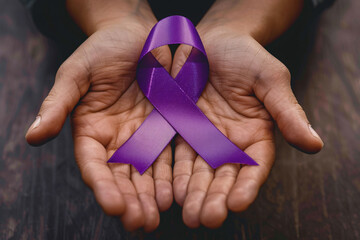 Man's hands holding large purple Alzheimer disease awareness ribbon