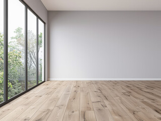 Contemporary living room interiors in neutral colors with minimal furniture and framed window. Luxurious residential realty composition.