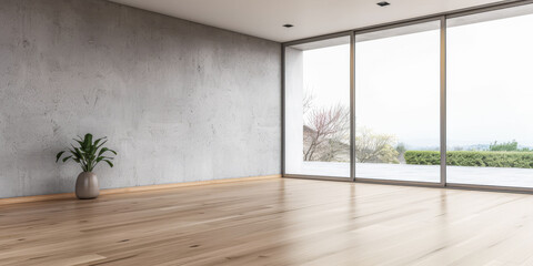 Contemporary living room interiors in neutral colors with minimal furniture and framed window. Luxurious residential realty composition.
