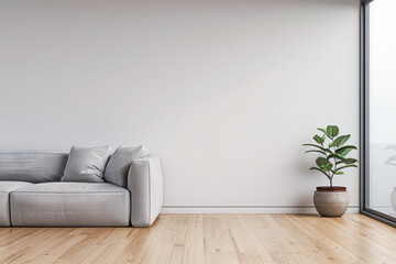 Contemporary living room interiors in neutral colors with minimal furniture and framed window. Luxurious residential realty composition.