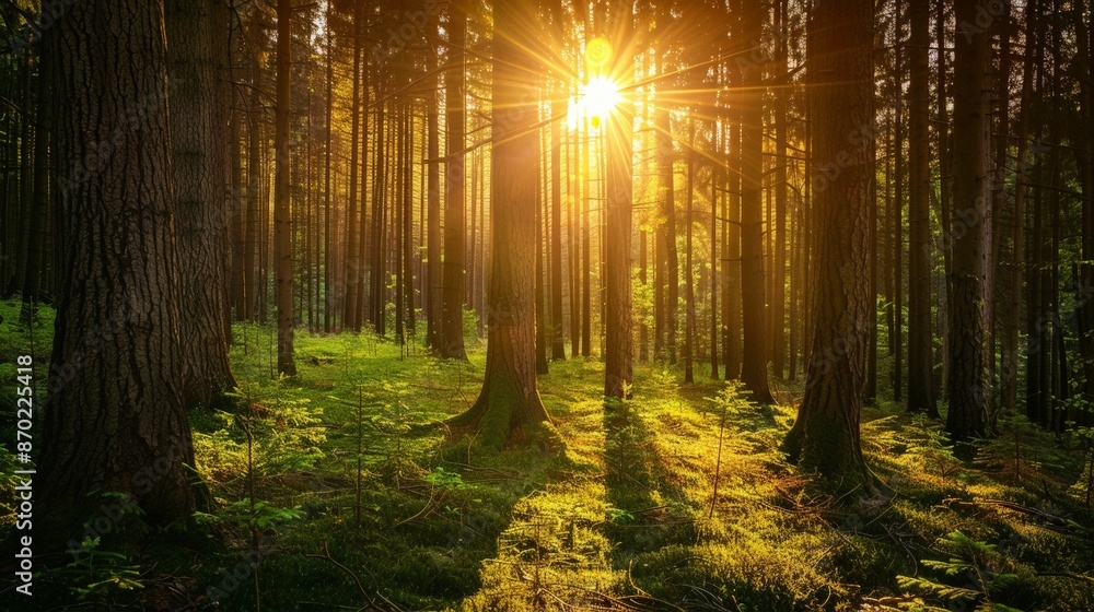 Poster the golden light of the setting sun filtering through the trees in a forest creates a magical and en