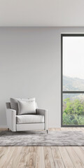 Contemporary living room interiors in neutral colors with minimal furniture and framed window. Luxurious residential realty composition.