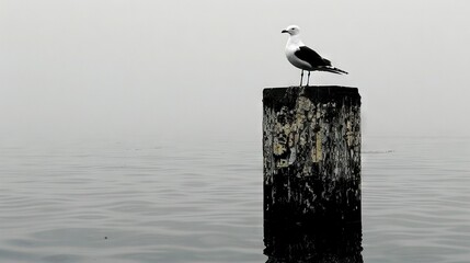   A seagull perched atop a wooden post amidst the misty expanse of the ocean