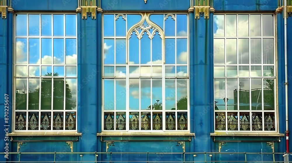 Wall mural   A towering blue structure, the clock on its facade, the windows reflecting a cloudy sky