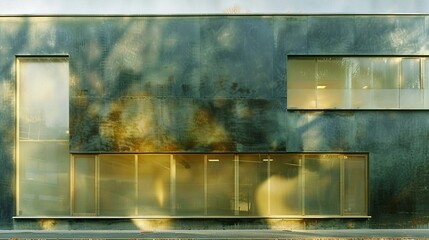   A building with multiple windows on its side and a bench in front of them