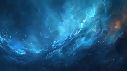   Blue-orange wave painting on deep blue canvas with white dots at base