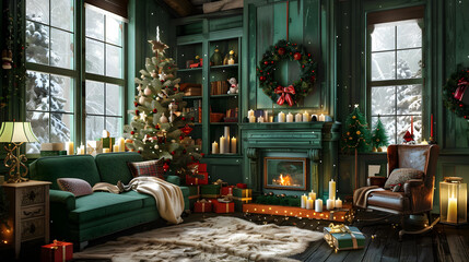 Naklejka premium Festive Christmas interior with fir tree, gifts and garlands. AI Generated
