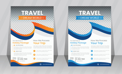 Explore world travel and tourism agency business flyer a4 vector template with layout space for photo background, summer vacation holiday trip poster or leaflet