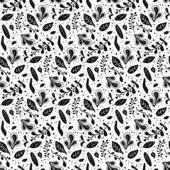 Seamless neo folk art vector pattern with flowers, black and white floral design. Neo folk style endless background perfect for textile design.