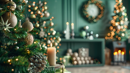 Festive Christmas interior with fir tree, gifts and garlands. AI Generated