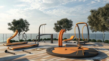 Fototapeta premium Outdoor gym featuring air walker, oval stepper, twister, and surfer, now vacant. 