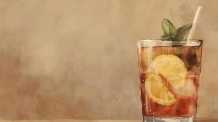 Fototapeta premium A painting of a glass of iced tea with a lemon slice, mint, and a straw inside
