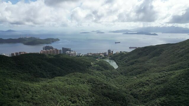 May 5 2022  High angle view of mountain reservoir and sea.