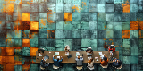 Top view of group of multiethnic busy people working in an office, Aerial view with businessman and businesswoman sitting around a conference table with blank copy space, Business meeting concept