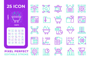Data mining related two color line icons set. Data management. Business reports bicolor outline iconset isolated. Visual representation. Duotone pictograms thin linear. Editable stroke