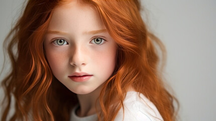 Portrait of a gorgeous cute smiling beautiful baby girl with red hair and perfect skin, white background, banner.