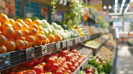 Crowded Supermarket Produce Aisle Brimming with Fresh Fruits and Vegetables