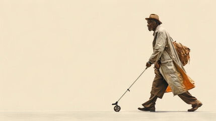 Obraz premium A man in a white coat and hat is walking with a cane. He is carrying a backpack and a handbag