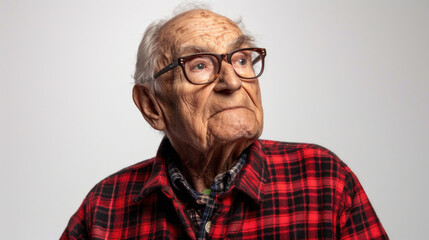 Obraz premium An old man with glasses and a red plaid shirt is looking off into the distance. Concept of loneliness and contemplation, as the man is lost in thought