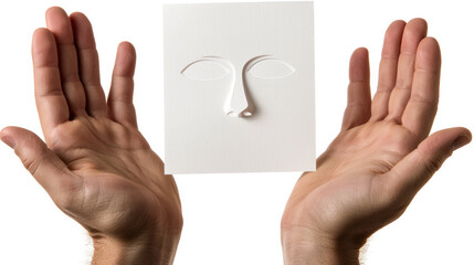 A man is holding a white paper with a face drawn on it. Concept of mystery and intrigue, as the man's hands are raised to reveal the face